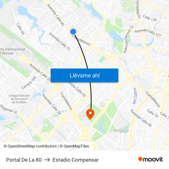 Portal De La 80 to Estadio Compensar map