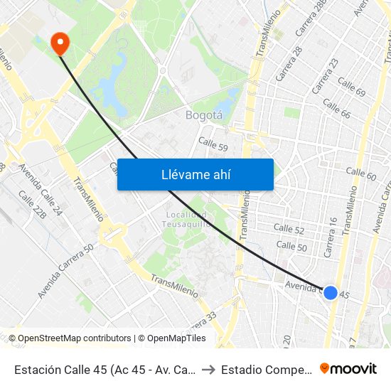 Estación Calle 45 (Ac 45 - Av. Caracas) to Estadio Compensar map