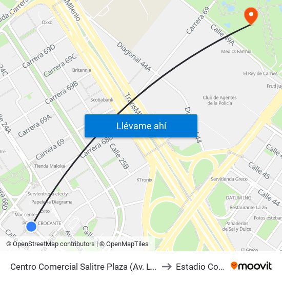 Centro Comercial Salitre Plaza (Av. La Esperanza - Kr 68b) to Estadio Compensar map