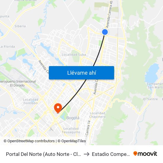 Portal Del Norte (Auto Norte - Cl 174a) to Estadio Compensar map