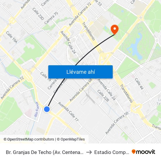 Br. Granjas De Techo (Av. Centenario - Kr 65) to Estadio Compensar map