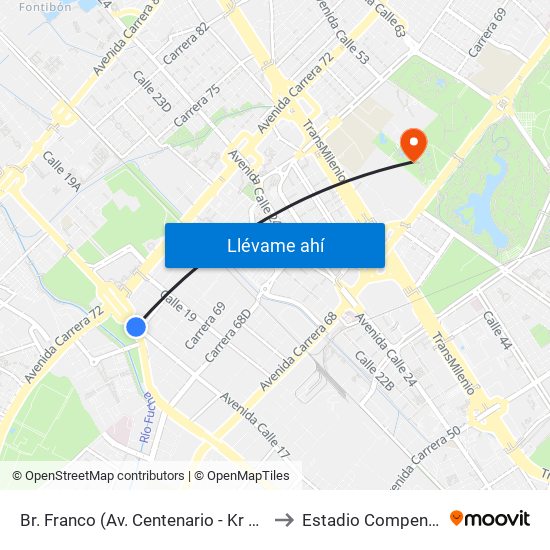 Br. Franco (Av. Centenario - Kr 69b) to Estadio Compensar map