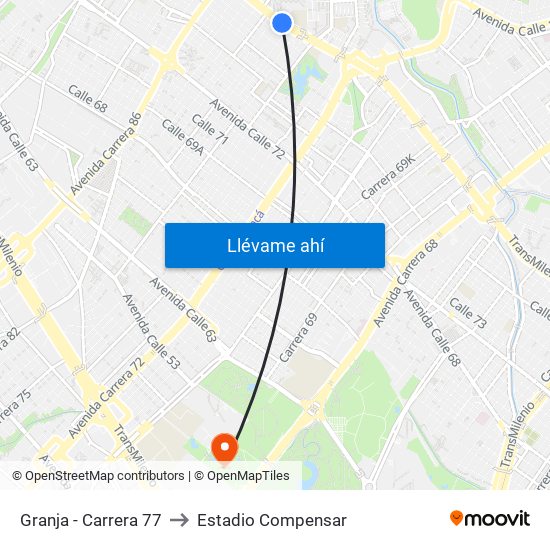 Granja - Carrera 77 to Estadio Compensar map