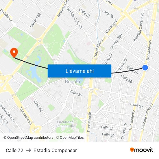 Calle 72 to Estadio Compensar map