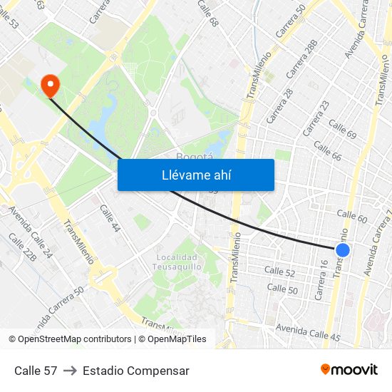 Calle 57 to Estadio Compensar map