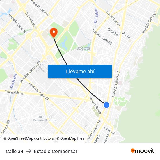 Calle 34 to Estadio Compensar map