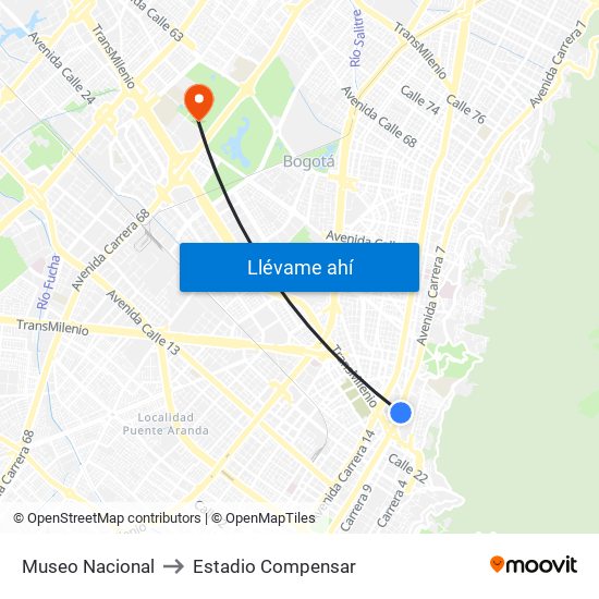 Museo Nacional to Estadio Compensar map