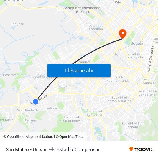 San Mateo - Unisur to Estadio Compensar map