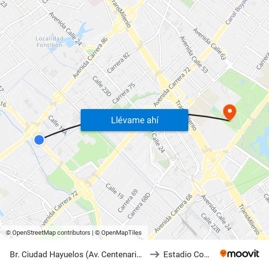 Br. Ciudad Hayuelos (Av. Centenario - Av. C. De Cali) to Estadio Compensar map