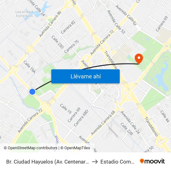 Br. Ciudad Hayuelos (Av. Centenario - Kr 78g) to Estadio Compensar map