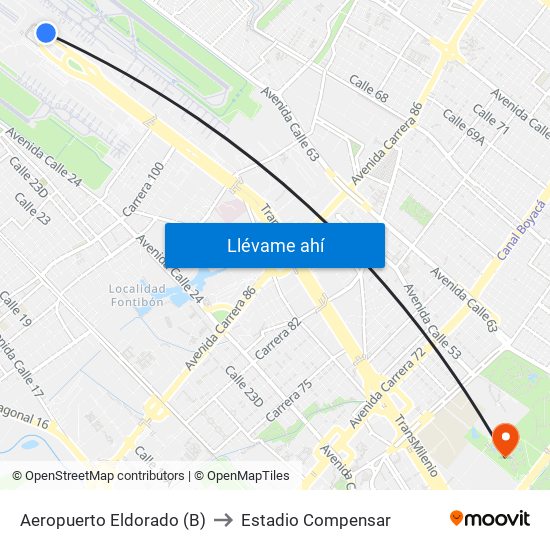 Aeropuerto Eldorado (B) to Estadio Compensar map