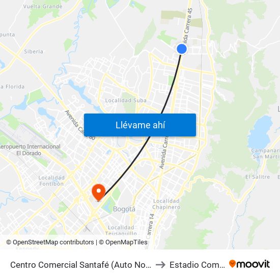 Centro Comercial Santafé (Auto Norte - Cl 187) (B) to Estadio Compensar map