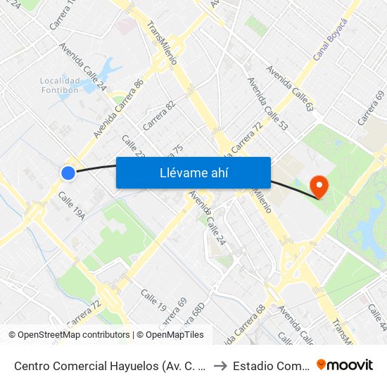 Centro Comercial Hayuelos (Av. C. De Cali - Cl 20) to Estadio Compensar map
