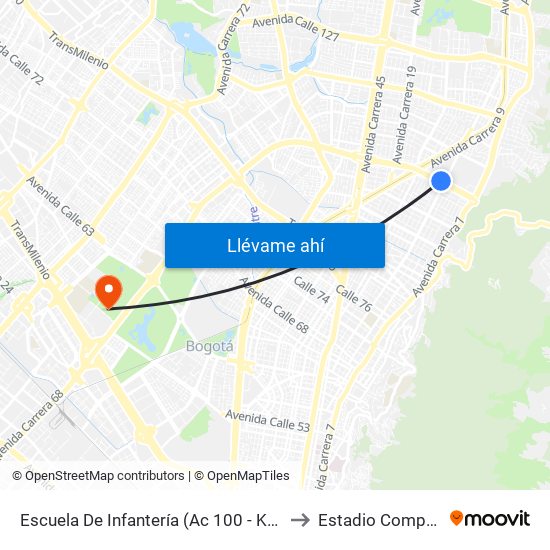 Escuela De Infantería (Ac 100 - Kr 11a) (B) to Estadio Compensar map