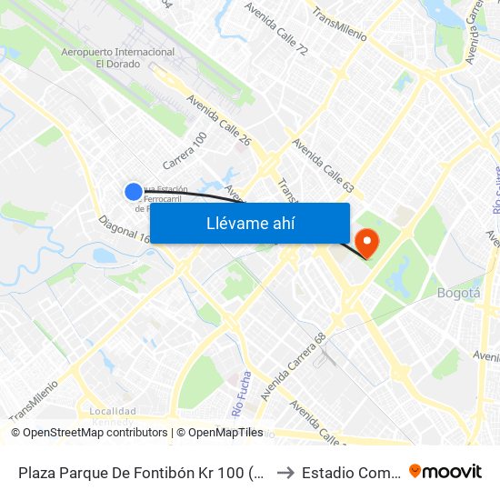 Plaza Parque De Fontibón Kr 100 (Kr 100 - Cl 17a) to Estadio Compensar map