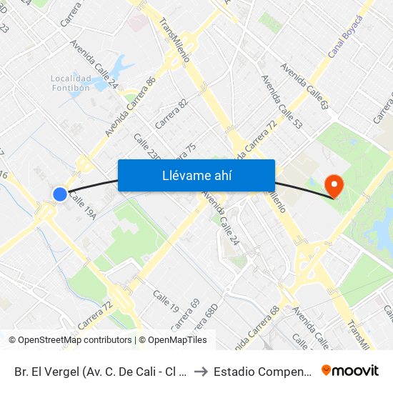 Br. El Vergel (Av. C. De Cali - Cl 18) to Estadio Compensar map