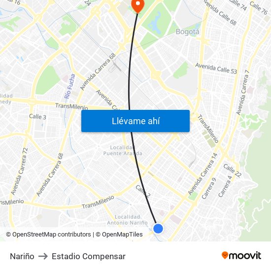 Nariño to Estadio Compensar map