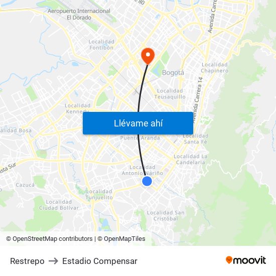 Restrepo to Estadio Compensar map