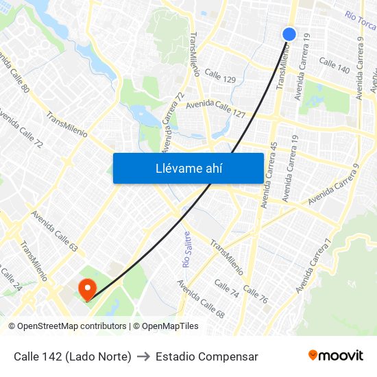 Calle 142 (Lado Norte) to Estadio Compensar map