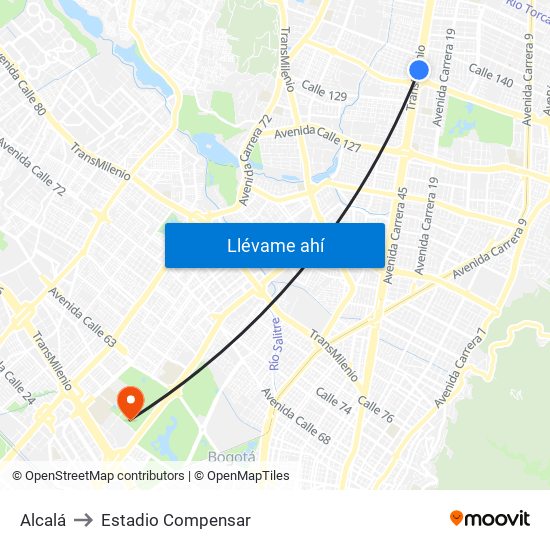 Alcalá to Estadio Compensar map