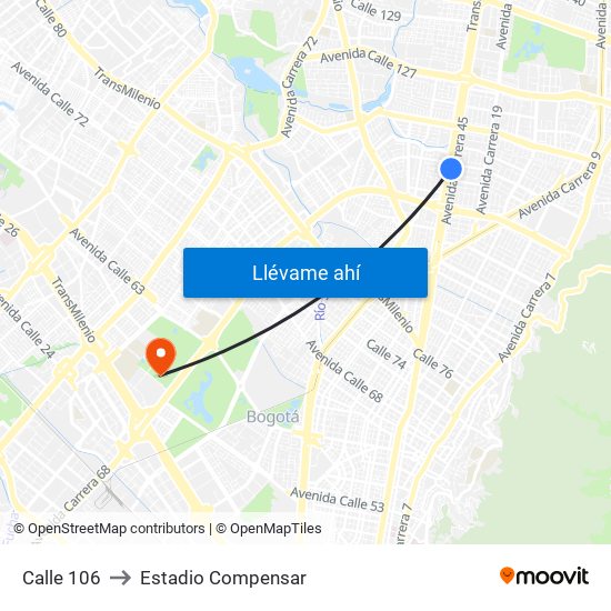 Calle 106 to Estadio Compensar map