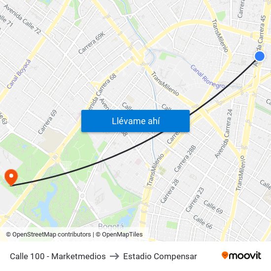 Calle 100 - Marketmedios to Estadio Compensar map