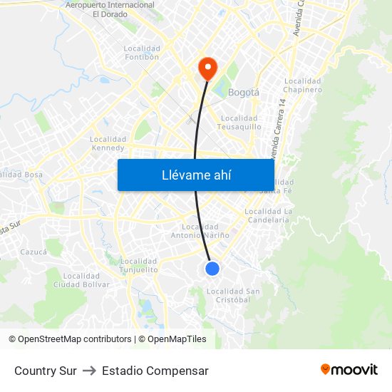 Country Sur to Estadio Compensar map