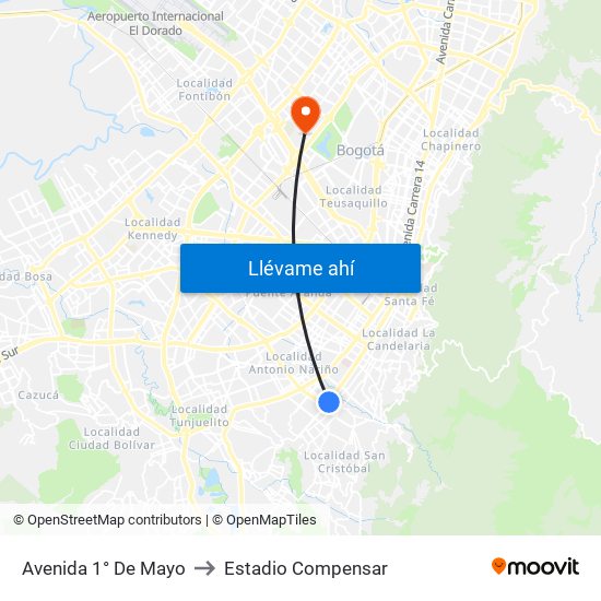 Avenida 1° De Mayo to Estadio Compensar map