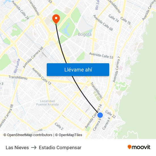 Las Nieves to Estadio Compensar map