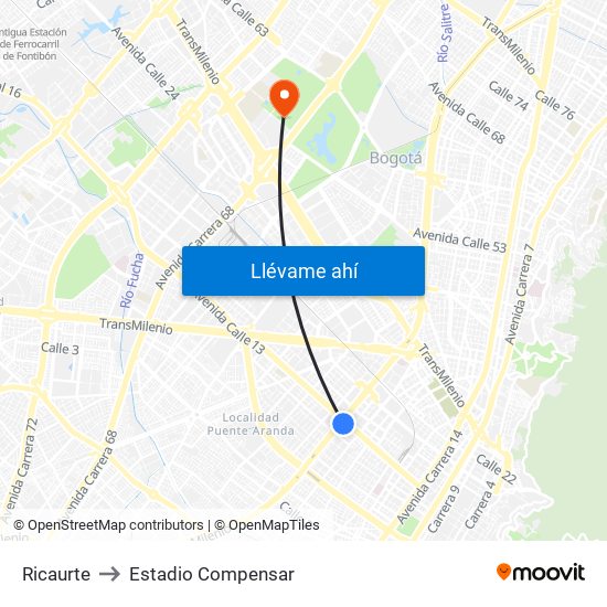 Ricaurte to Estadio Compensar map