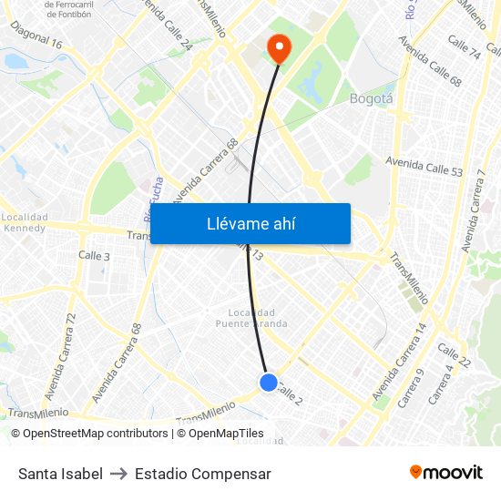 Santa Isabel to Estadio Compensar map