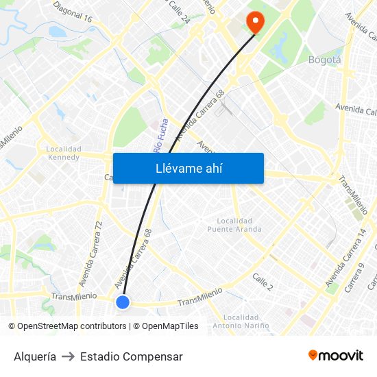 Alquería to Estadio Compensar map