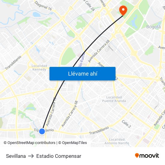 Sevillana to Estadio Compensar map