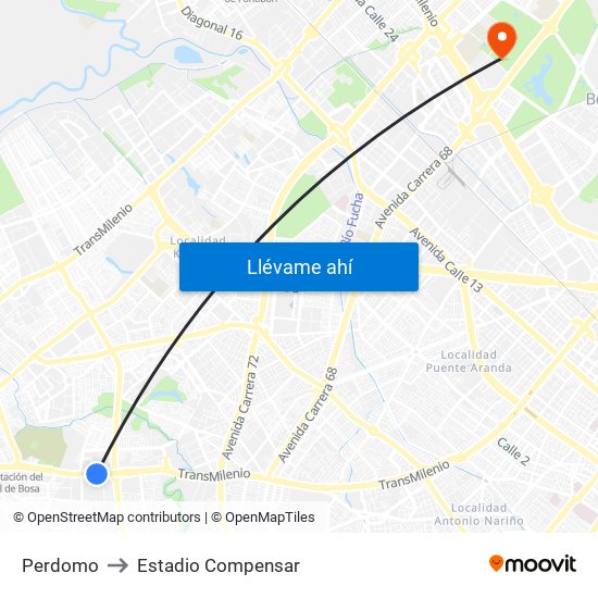 Perdomo to Estadio Compensar map