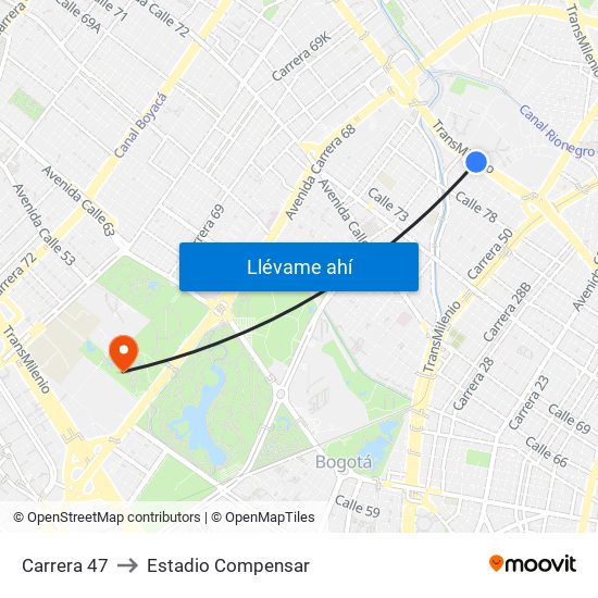 Carrera 47 to Estadio Compensar map