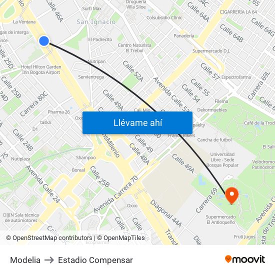 Modelia to Estadio Compensar map