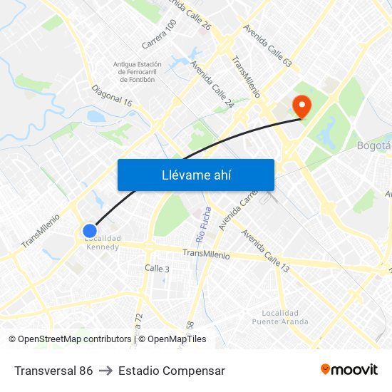 Transversal 86 to Estadio Compensar map