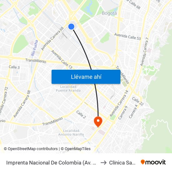 Imprenta Nacional De Colombia (Av. Esperanza - Kr 66) to Clínica San Lucas map