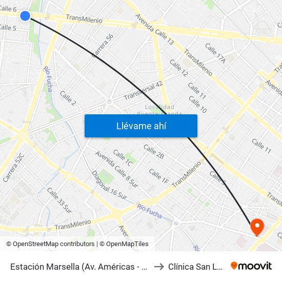 Estación Marsella (Av. Américas - Kr 69b) to Clínica San Lucas map