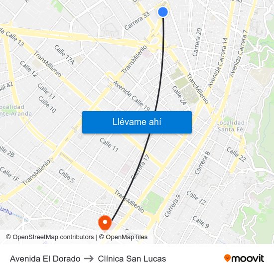 Avenida El Dorado to Clínica San Lucas map