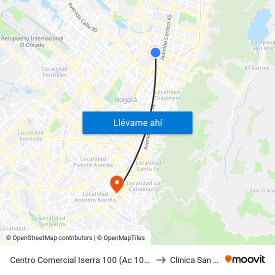 Centro Comercial Iserra 100 (Ac 100 - Kr 54) (B) to Clínica San Lucas map