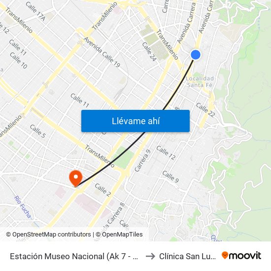 Estación Museo Nacional (Ak 7 - Cl 29) to Clínica San Lucas map