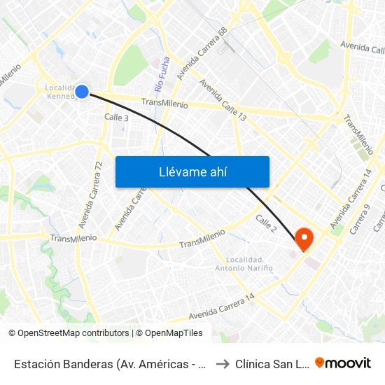 Estación Banderas (Av. Américas - Kr 78a) (A) to Clínica San Lucas map