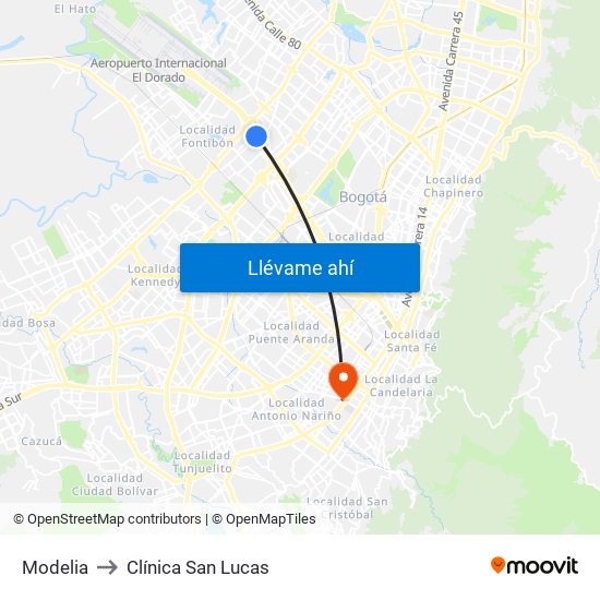 Modelia to Clínica San Lucas map