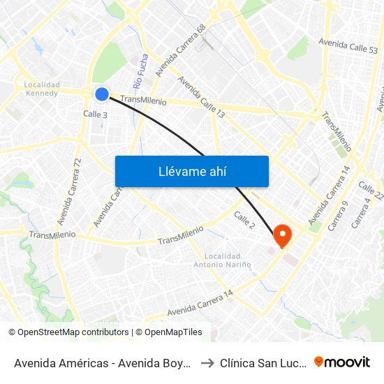 Avenida Américas - Avenida Boyacá to Clínica San Lucas map