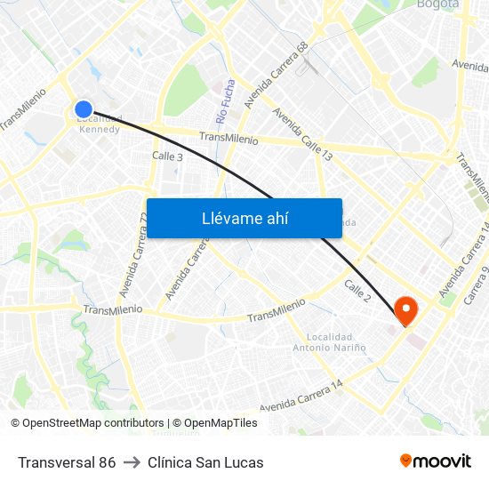 Transversal 86 to Clínica San Lucas map