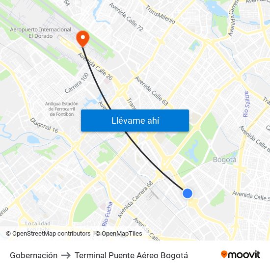 Gobernación to Terminal Puente Aéreo Bogotá map