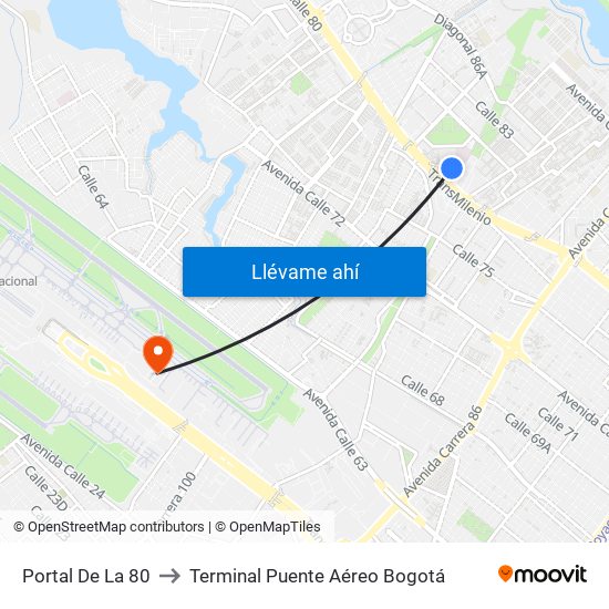 Portal De La 80 to Terminal Puente Aéreo Bogotá map