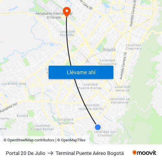 Portal 20 De Julio to Terminal Puente Aéreo Bogotá map