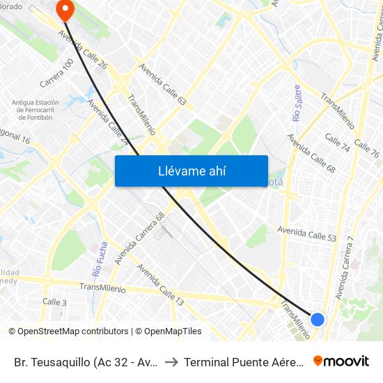 Br. Teusaquillo (Ac 32 - Av. Caracas) to Terminal Puente Aéreo Bogotá map